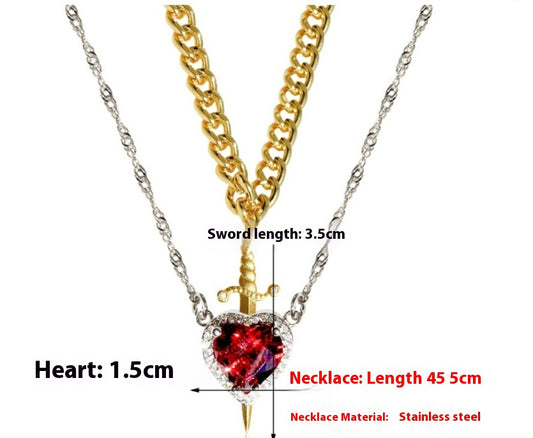 New Heart And Sword Necklace Set Gold Color Stainless Steel Crystal Couple Necklaces For Women Men Boyfriend Girlfriend Gifts
